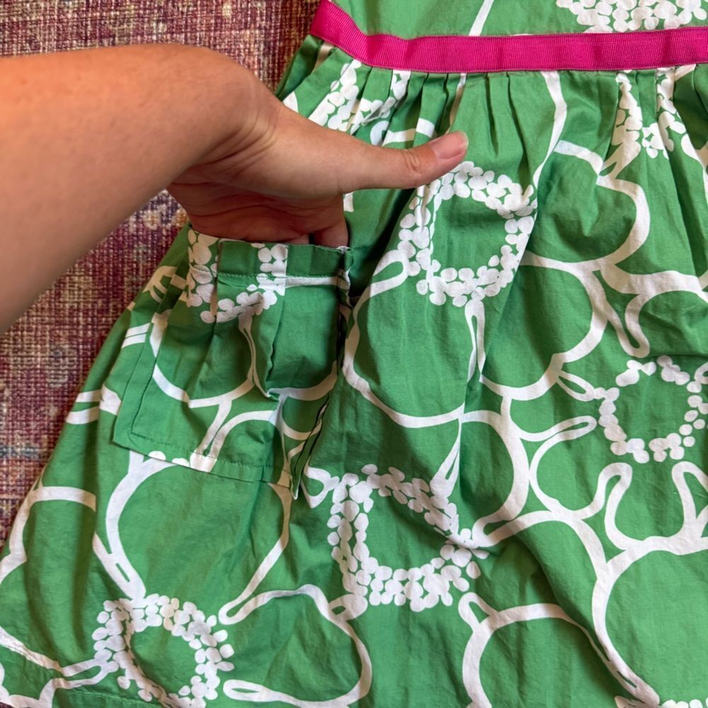 Mini Boden 7-8yr Girls Green Floral Sleeveless Dress with Pink Accent pockets - Picture 5 of 8